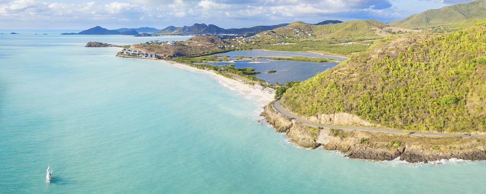 Panoramic elevated view of Darkwood Beach and Valley Road, Antigua, Antigua and Barbuda, Leeward Islands, West Indies