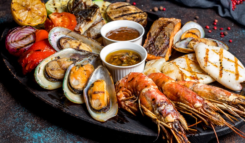 Seafood grilled on plate