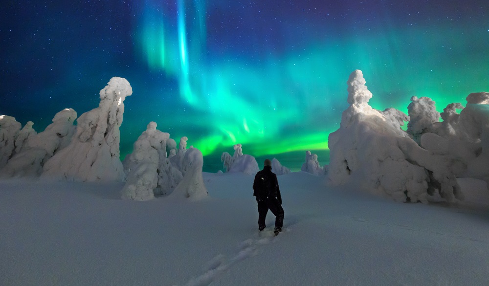 Man admiring the Northern Lights in Finland