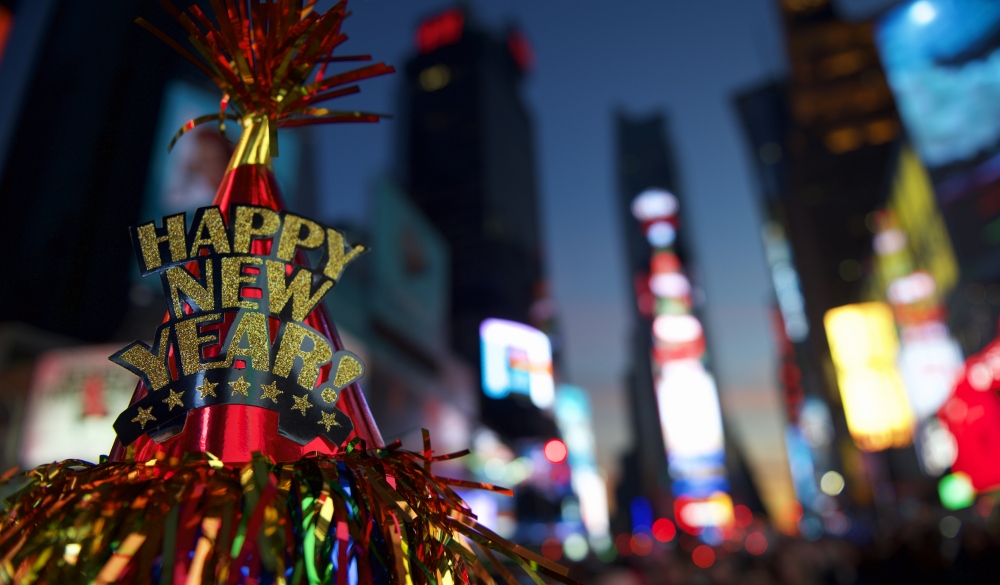 Happy New Year hat with colorful decoration in Times Square New York City; Shutterstock ID 240163873