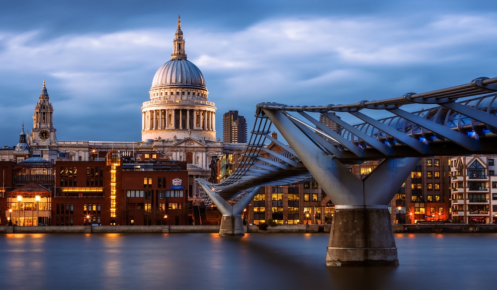 St Paul's Cathedral and the Millennium Bridge, South Bank, London, England.