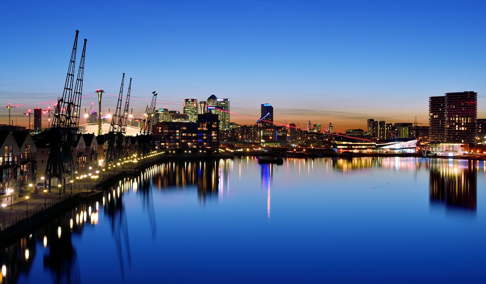 London Docklands view over Royal Victoria Dock. Including O2Arena, Canary Wharf , City of London