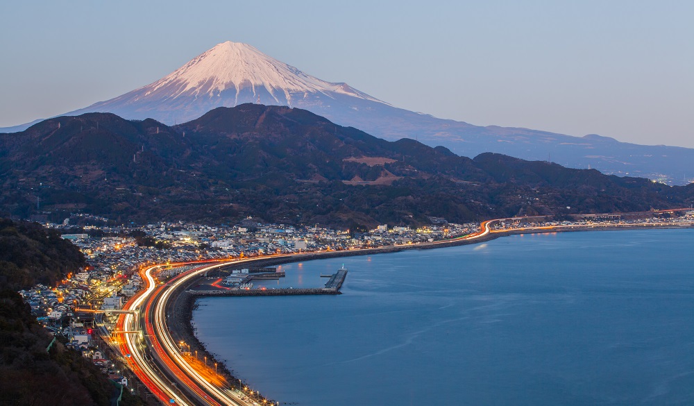 Tomai expressway and Suruga bay with mountain fuji at Shizuoka