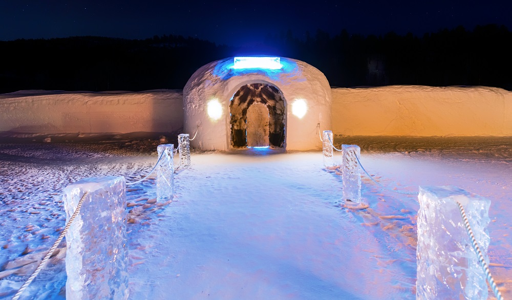 The beautiful Sorrisniva ice hotel located outside Alta, Norway.