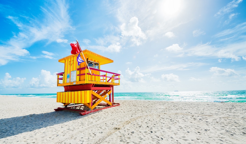 Yellow safeguard house on empty Miami beach with warning flags.