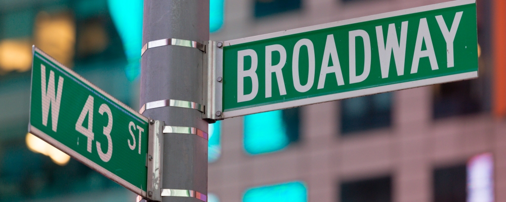 A Broadway and 43rd street sign in Times Square.