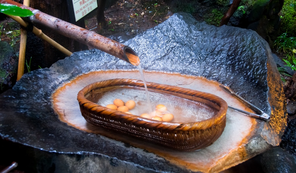 Delicious eggs cooked in thermal boiling water also called Jigoku Eggs. Photo taken at Kurokawa Onsen Town (Kumamoto Prefecture, Kyushu).