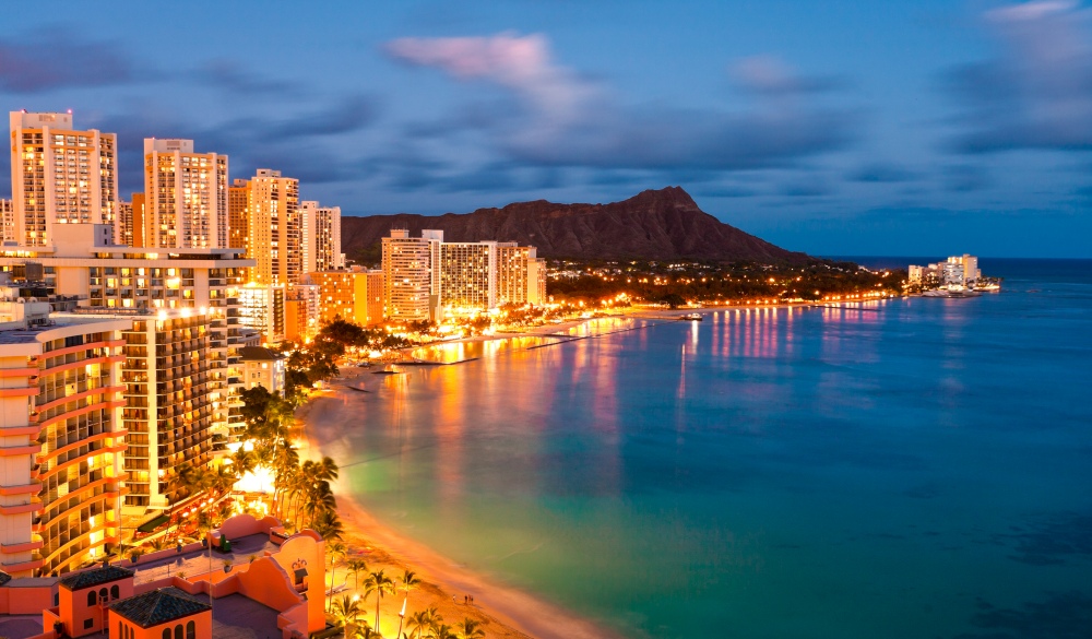 Waikiki Beach at dusk, Oahu, Hawaii Islands to visit