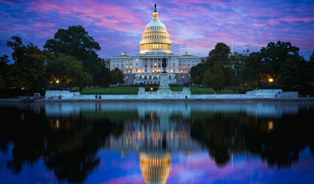 The United States Capitol building at dusk, Washington DC, USA