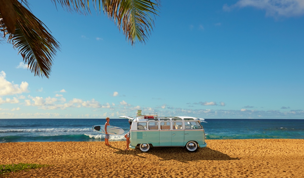 Surfers unloading bus on tropical beach, spring break destinations
