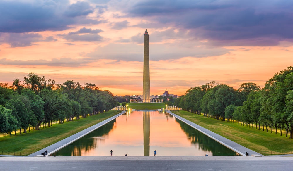 Washington Monument on the Reflecting Pool in Washington, D.C. at dawn.