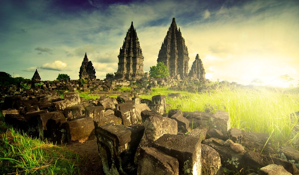 morning sunrise at ruins of prambanan ,java indonesia. unesco world heritage site