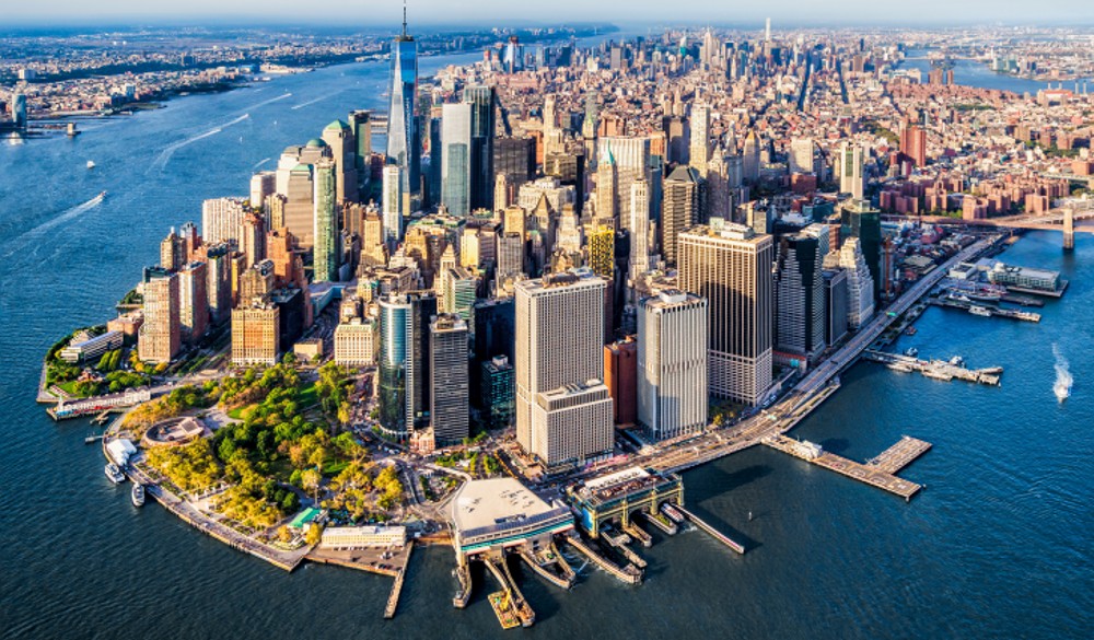 Aerial view of Lower Manhattan at sunset. New York. USA