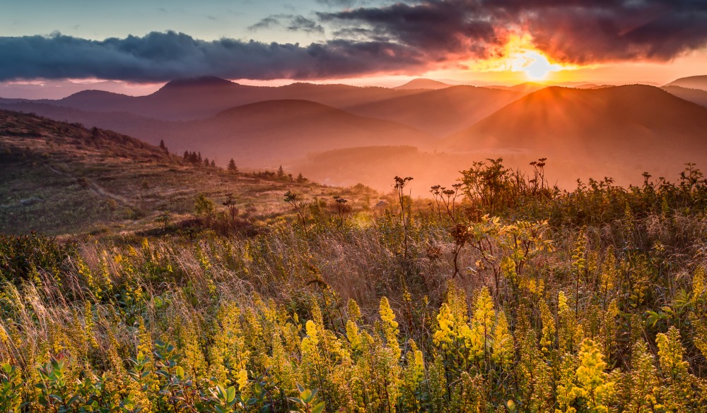 Sunset over Sam Knob in the Shining Rock Wilderness. Art Loeb Trail on Black Balsam Knob. Near Brevard and Asheville in NC. Blue Ridge Parkway.