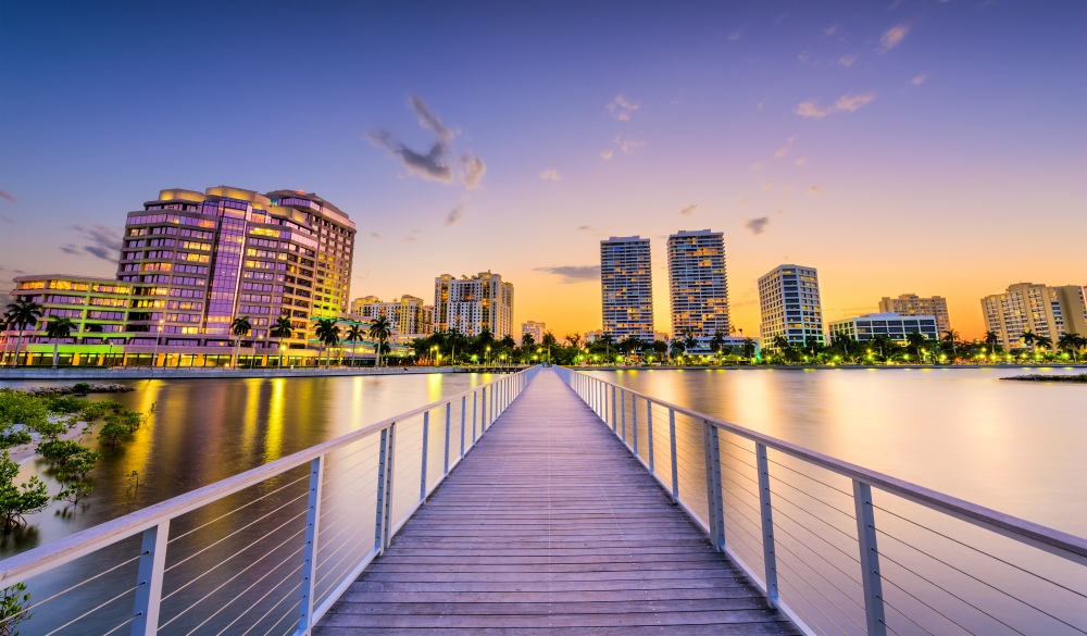 West Palm Beach, Florida, USA downtown skyline on the intracoastal waterway.