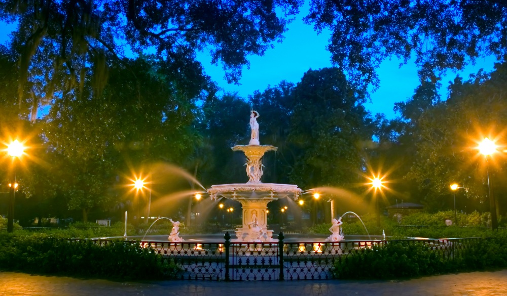 Forsyth Park Fountain at a mid-summer night.