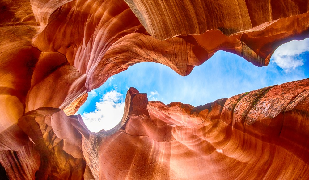 Beautiful view of amazing sandstone formations in famous Upper Antelope Canyon near the historic town of Page at Lake Powell, American Southwest, Arizona, USA - Stock image