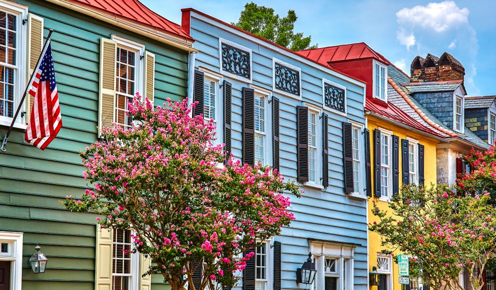 Colourful historic wooden houses line the street in Charleston,South Carolina