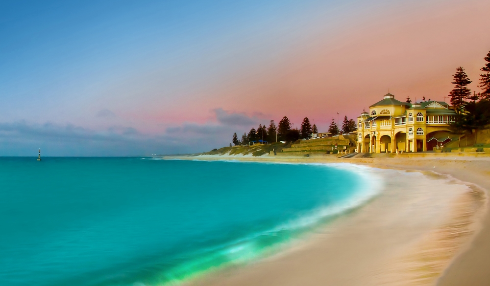 Sunset of the famous Cottesloe Beach Pavilion in Perth, Western Australia