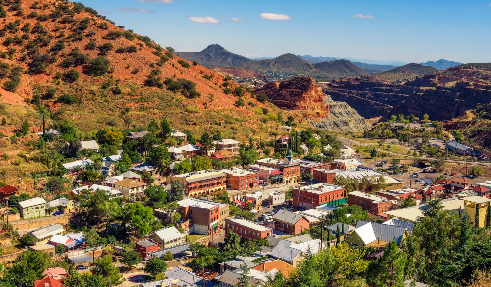 Town of Bisbee with surrounding Mule Mountains in Arizona. This historic mining town was built early 1900s and is the county seat of Cochise County.