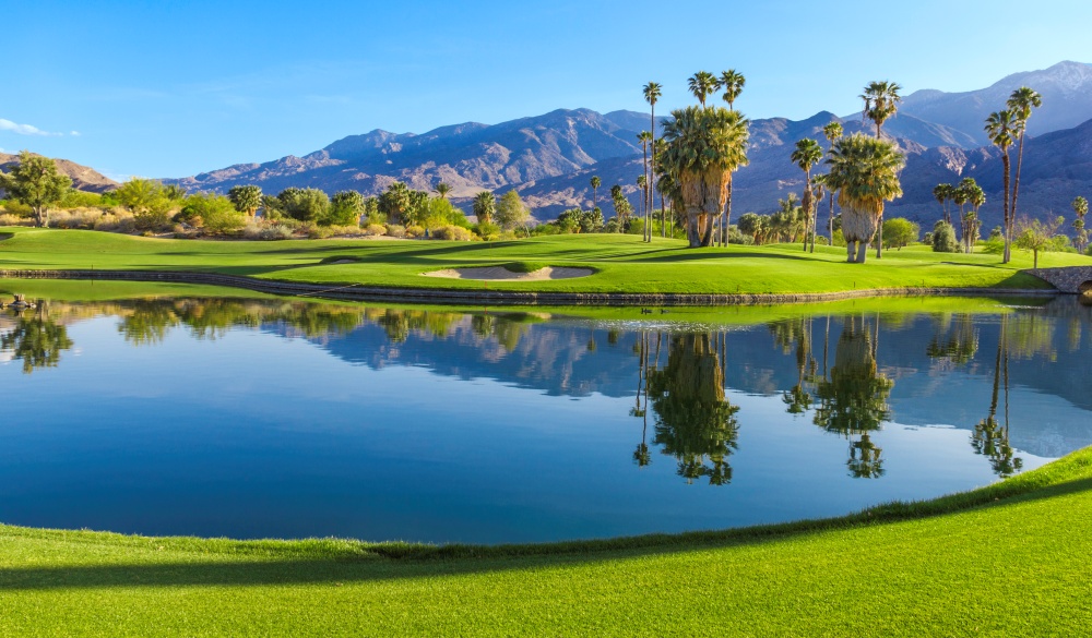 Late afternoon light cast a warm glow to a golf course in Palm Springs, California