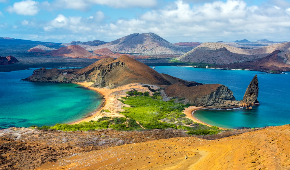 View of two beaches on Bartolome Island in the Galapagos Islands in Ecuador