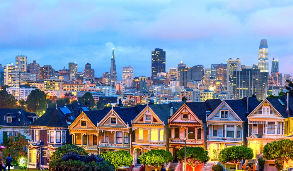 Famous painted ladies houses in San Francisco after sunset