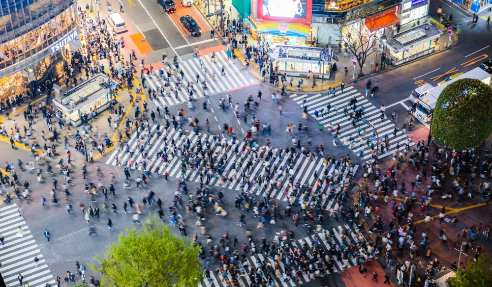 Elevated view of famous Shibuya pedestrian crossing, Tokyo, Japan