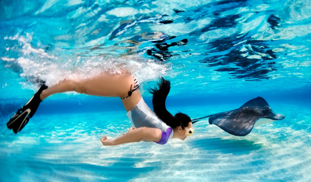 Woman snorkeling with a stingray in the clear waters, tropical island vacations