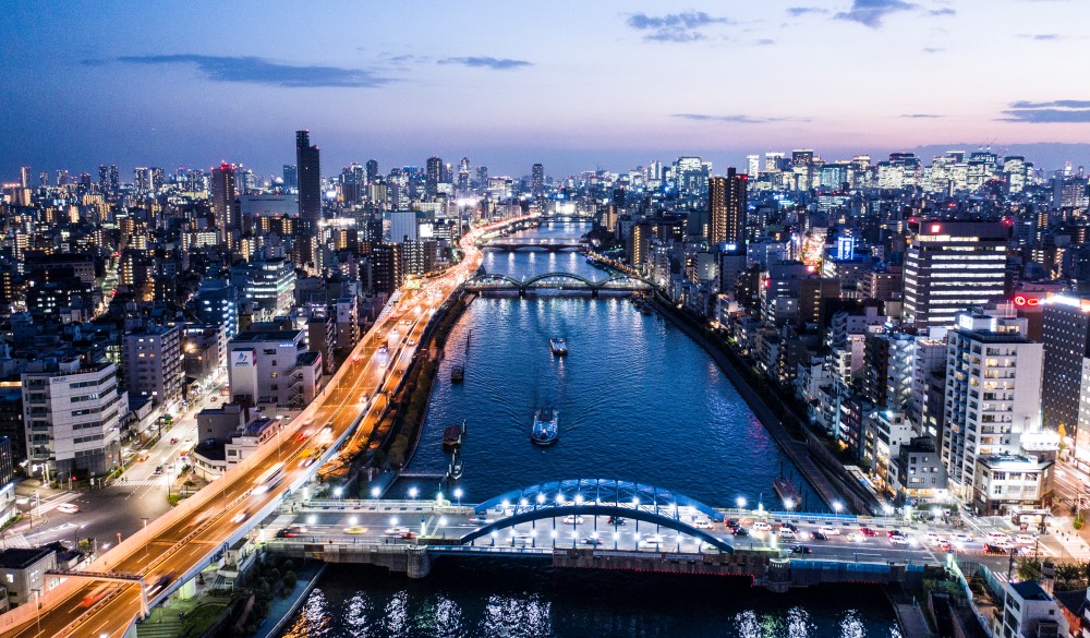 Tokyo cityscape where night view and river 
