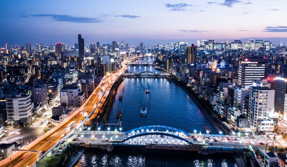 Tokyo cityscape where night view and river can be seen