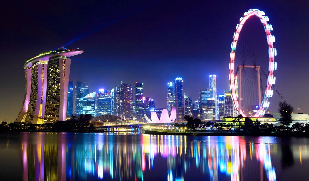 Singapore flyer and skyline at night