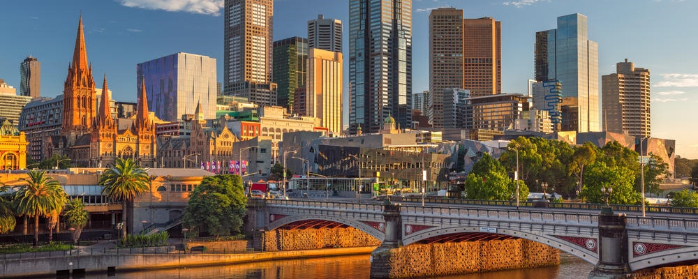 City of Melbourne. Cityscape image of Melbourne, Australia during summer sunrise.; Shutterstock ID 578424223; Purpose: Newsletter/Deals; Brand (KAYAK, Momondo, Any): Any