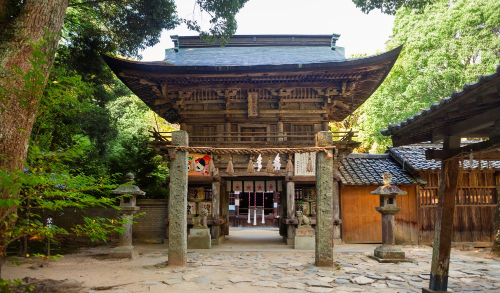 Exterior view of Shinto Sakurai Shrine, Fukuoka, Japan.