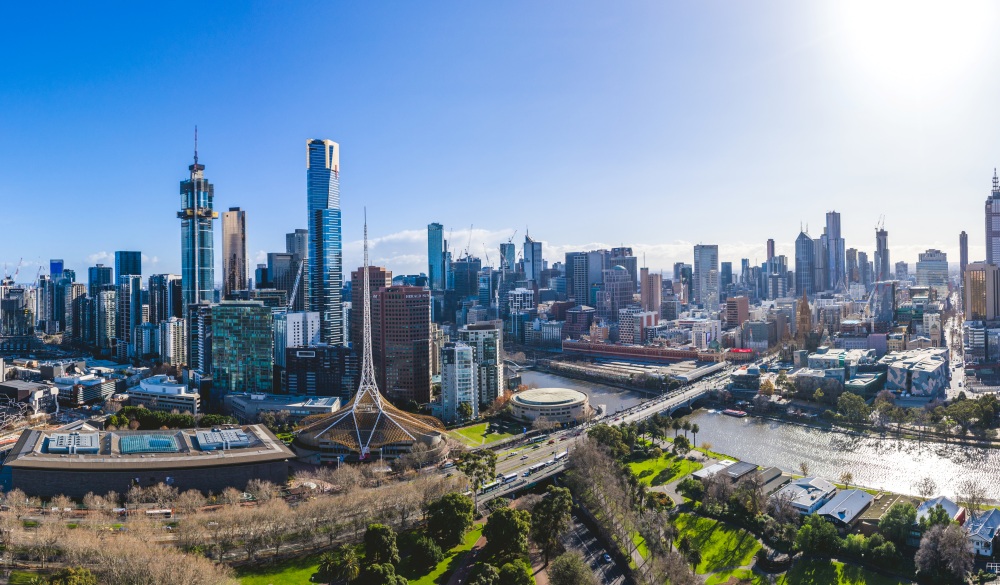 Hi-Res Panorama of Melbourne Skyline at sunset at the Yarra River and St. Kilda Road, Flinders Street Station, Federation Square, National Gallery of Victoria (NGV), Arts Centre Melbourne, State Theatre and Princes Bridge. Some of Alexandra Gardens also in view.