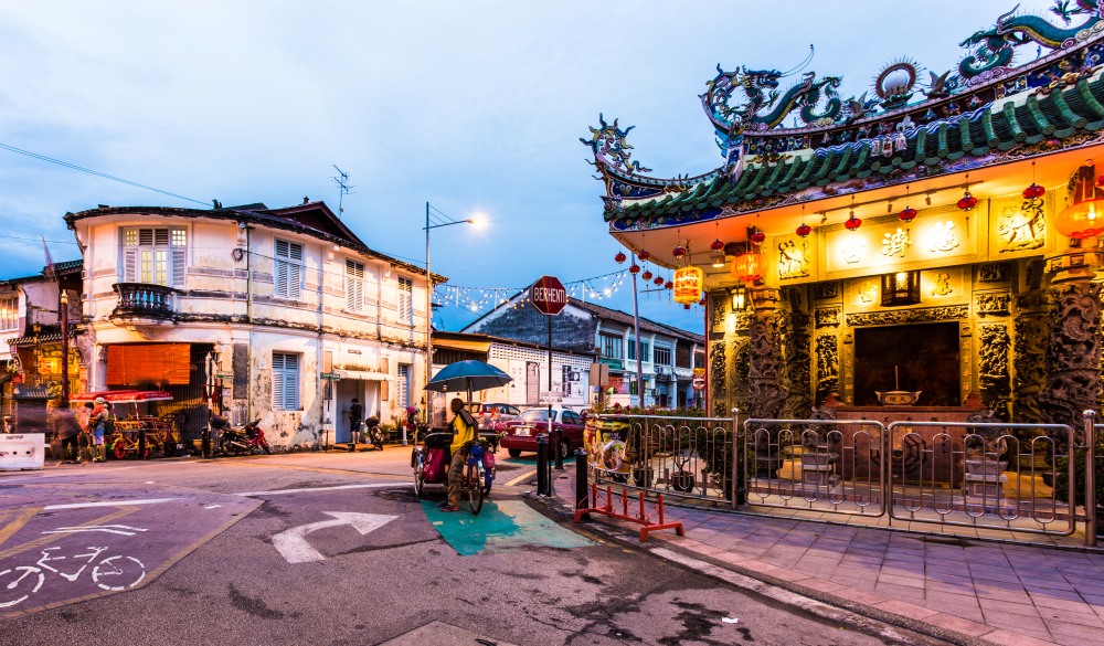 Sunset over the Yap Kongsi Chinese temple along the famous Armenian street in George Town in Penang in Malaysia. The old town is famous for its colonial architecture mixed with Chinese and Indian temples.