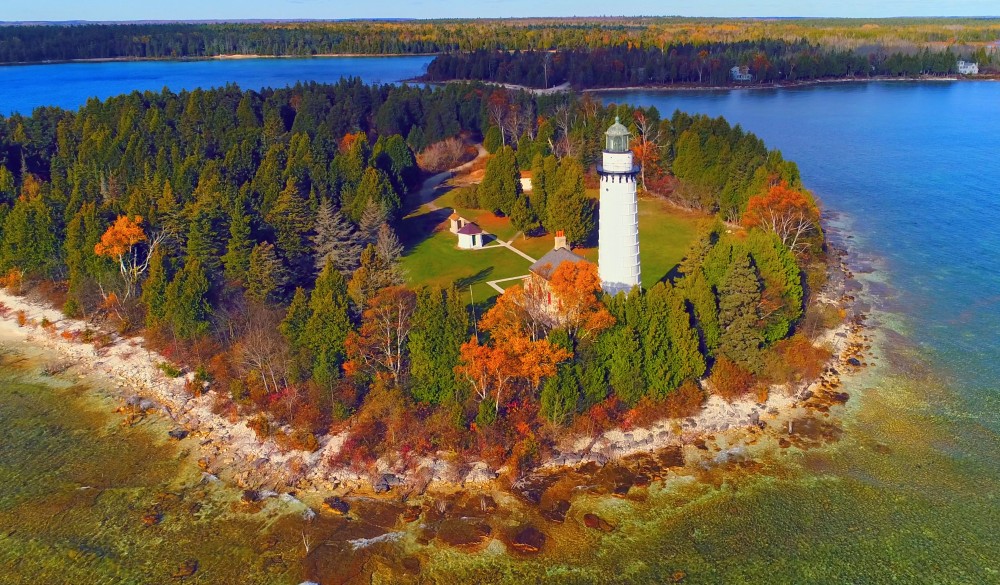 Scenic Cana Island Lighthouse, Door County, Wisconsin, aerial flyby.