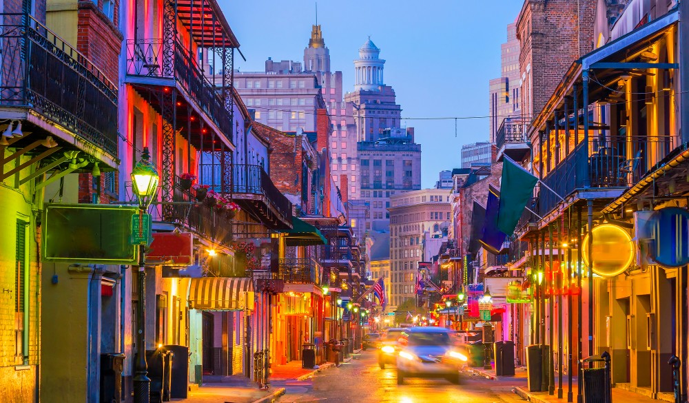 Pubs and bars with neon lights in the French Quarter, New Orleans USA