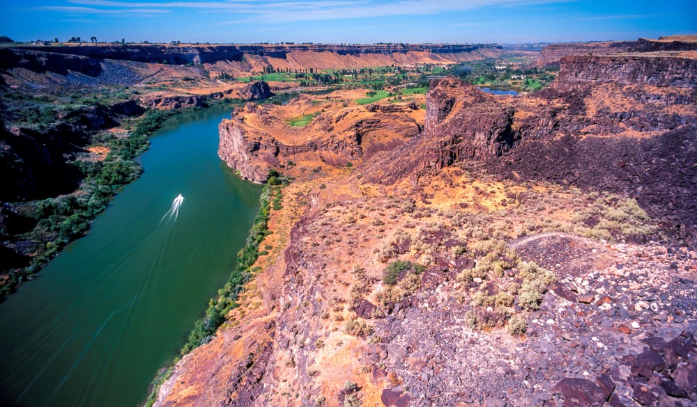 Looking west down the Snake River Canyon from the Perrine Bridge