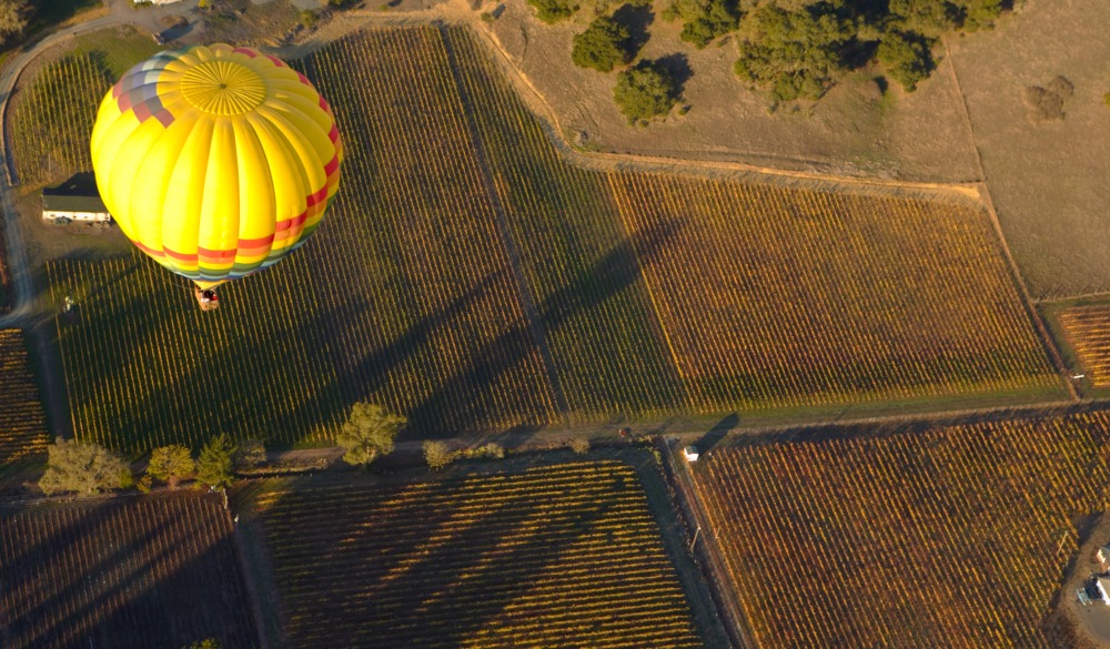 Farmland seen from the air with a hot air balloon in the foreground