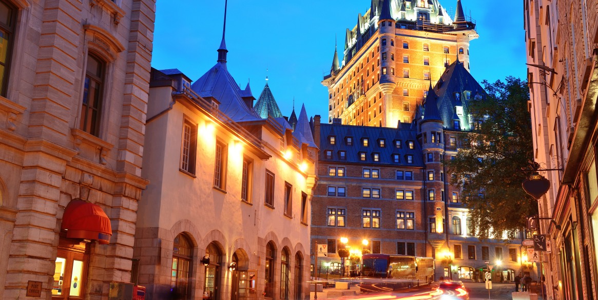 Chateau Frontenac at dusk in Quebec City with street