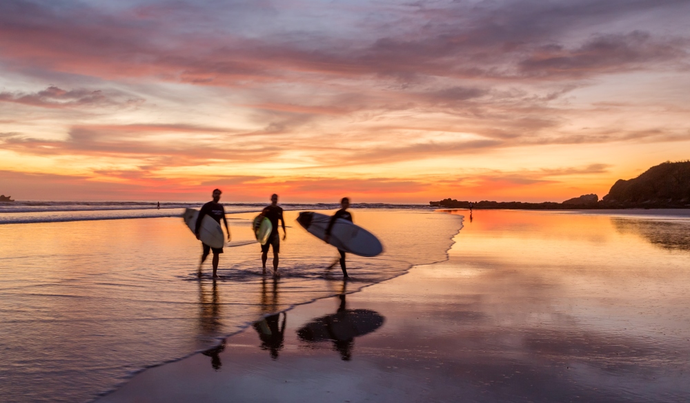 Surfers at sunset walking on beach, Playa Guiones, Costa Rica