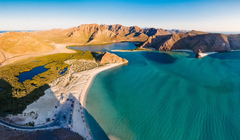 Panoramic Aerial View at sunset of La Paz Beach in Baja California Sur, Mexico