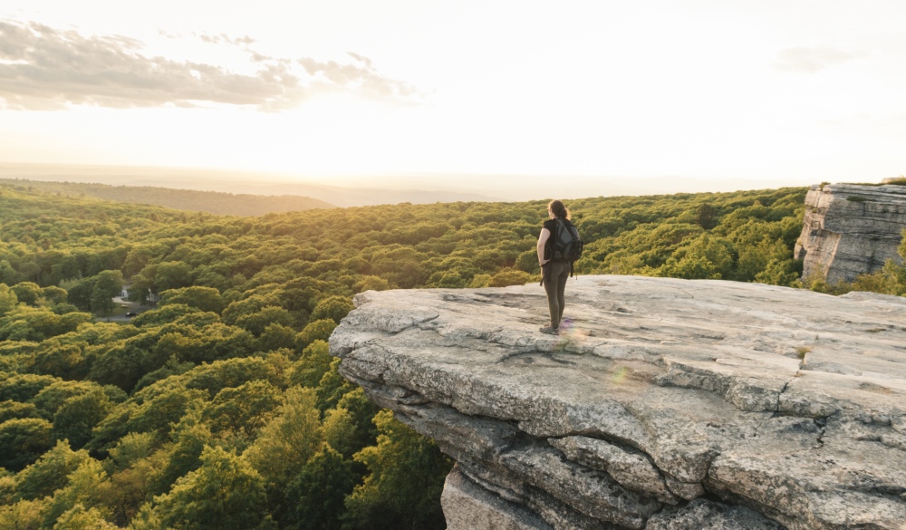 Wanderlust Adventure Hiking Woman Enjoys Sunset Catskills Mountain View NY