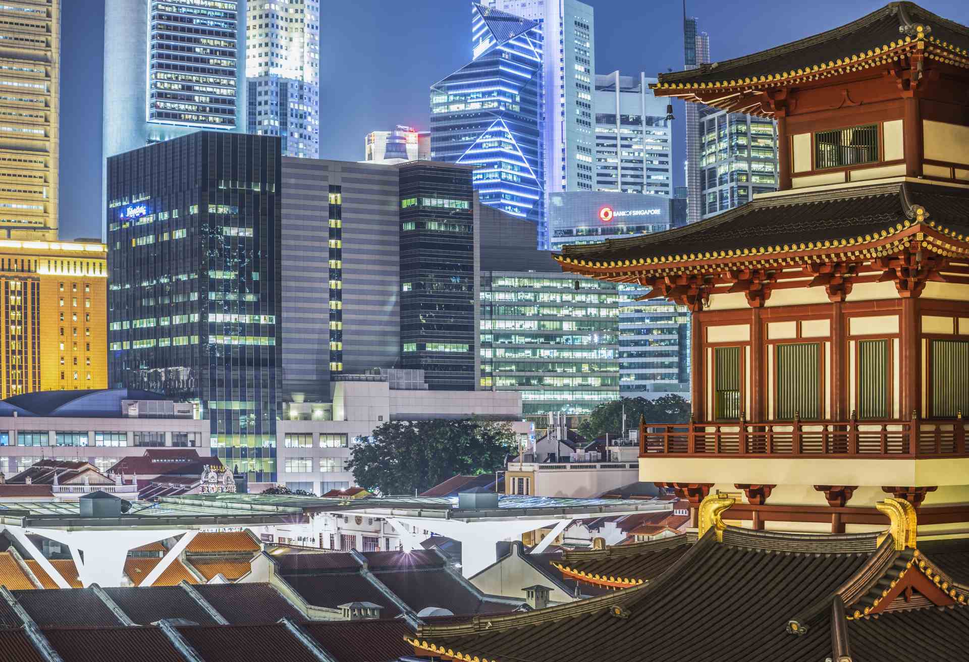 Buddha Tooth Relic Temple and Financial district.