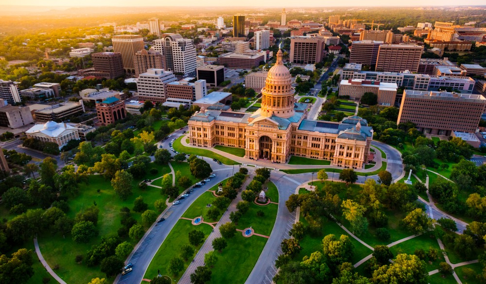 Capitol building, aerial skyline, sunset, Austin, TX, Texas State Capital