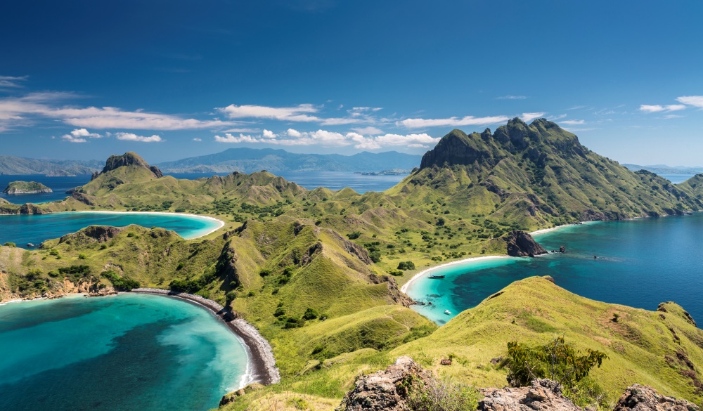 Mountain range in Komodo National Park in Indonesia, endangered travel destination