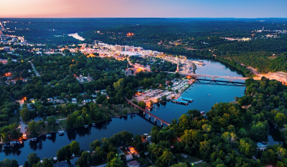 Night Aerial View of Downtown Branson, Missouri and Lake Tanycomo