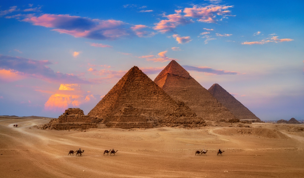 Giza Egypt Pyramids in Sunset Scene, Wonders of the World, endangered travel destination