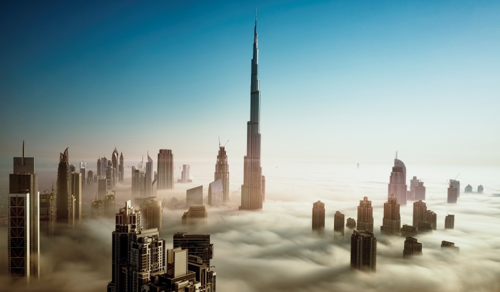 Dubai Skyline in early morning fog, bucket list